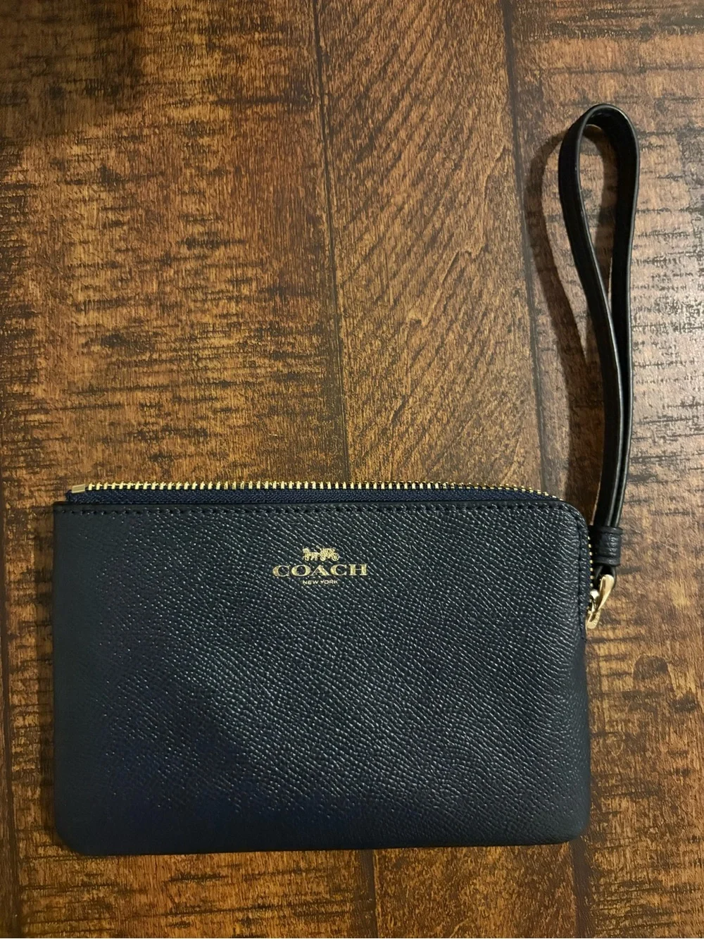 Coach Black Leather Zip Pouch with Gold Logo